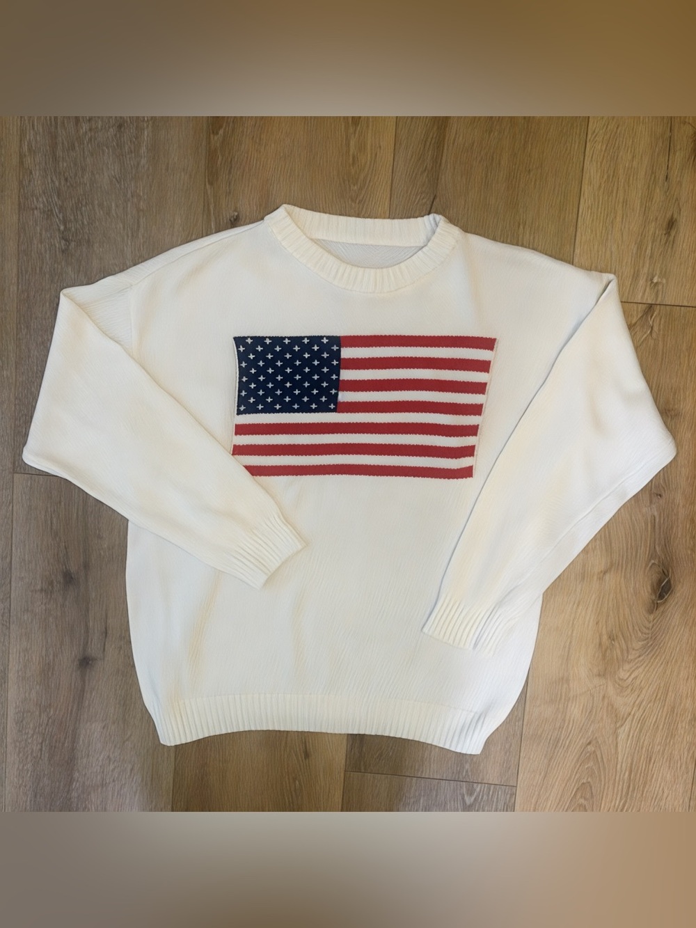 American Flag Knit Sweater Large Cream Preppy Americana Pullover Relaxed Fit